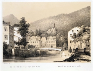 Karlovy Vary – Fr. X. Sandmann, původní tónovaná litografie s bar. podtiskem, 1850–1856