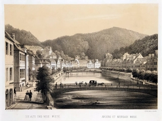 Karlovy Vary – Fr. X. Sandmann, původní tónovaná litografie s bar. podtiskem, 1850–1856