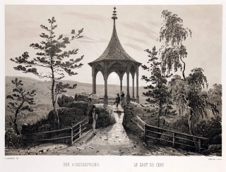 Karlovy Vary – Fr. X. Sandmann, původní tónovaná litografie s bar. podtiskem, 1850–1856