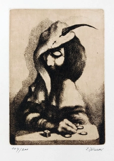 Jiřincová Ludmila – Villon s kostkami, původní lept, 1984