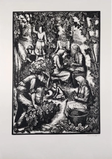 Polášek Viktor – Česání chmele, rozměrná grafika, původní dřevoryt, 1941