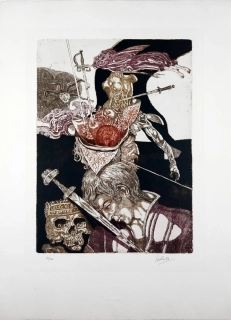 Liesler Josef – Hamlet, větší grafika, barevný lept, 1953