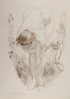 Obrovský Jakub – Nahá dívka s květinami, původní litografie, 1942