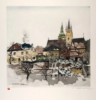 Röhling Vladislav – Hradec Králové, katedrála sv. Ducha a Stará radnice, barevný lept, ca 1920–1930