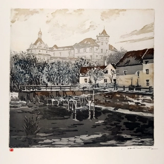 Röhling Vladislav – Jindřichův Hradec, zámek, barevný lept, ca 1920–1930