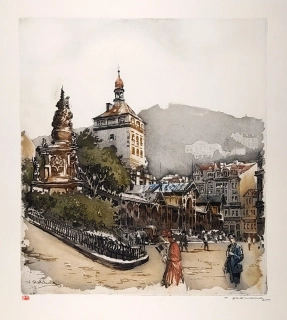 Röhling Vladislav – Zámecká věž a kolonáda v Karlových Varech, barevný lept, ca 1920–1930