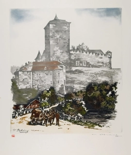 Röhling Vladislav – Hrad Kost, barevný lept, ca 1920