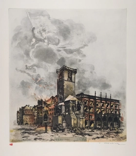 Röhling Vladislav – Praha, Staroměstská radnice, 9. května 1945, barevný lept, nedatováno