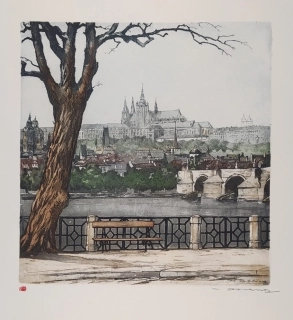 Röhling Vladislav – Pohled na Hradčany, barevný lept s akvatintou, nedatováno