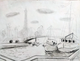 Havlík Jan – Paříž, lodě na Seině, raná tvorba, kresba tužkou, 1947