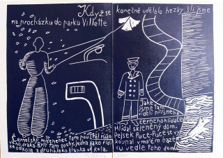 Černá Kateřina – Park Villette, soulep 2 listů, barevný linoryt, 1995