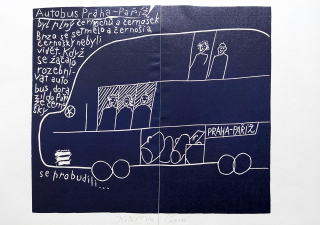 Černá Kateřina – Autobus Praha–Paříž, soulep 2 listů, barevný linoryt, 1995