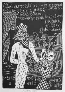 Černá Kateřina – Maminka s holčičkou, barevný linoryt, 1995