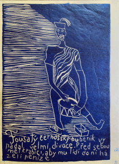 Černá Kateřina – Fousatý černošský bubeník, barevný linoryt, 1995
