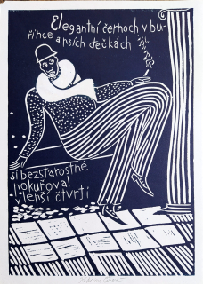 Černá Kateřina – Elegantní černoch v buřince, barevný linoryt, 1995