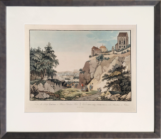 Karlštejn – Pohled na hrad, L. Janscha, C. Postl, staře kolorovaný lept s akvatintou, ca 1810