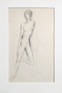Frinta Emanuel – Stojící dívčí akt, kresba tužkou konturovaná tuší, 1938