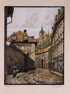 Koubek Karel – Praha, Valdštejnská ulice, barevný dřevoryt, 1938