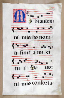 Antifonář – Notový záznam z liturgické knihy, oboustranná malba na pergamenu, kolem 1500