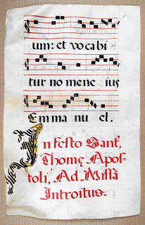 Antifonář – Notový záznam z liturgické knihy, oboustranná malba na pergamenu, kolem 1500