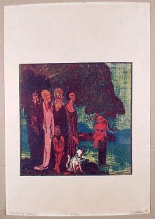 Váchal Josef – Rodina vodníkova, původní barevný dřevoryt, č. tisku 10, 1911