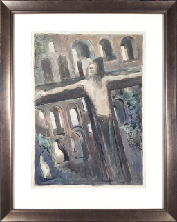 Konůpek Jan – Ukřižovaný před arkádami, Český Krumlov, akvarelem kolorovaná kresba tuší, 1932