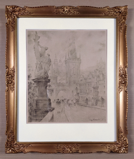 Steiner-Prag Hugo – Praha, Karlův most, v popředí sousoší svaté Luitgardy, původní litografie, 1935