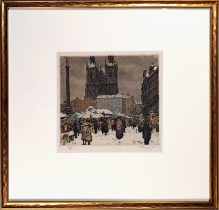 Šimon Tavík František – Mikulášský trn na Staroměstském náměstí, barevný lept, 1922