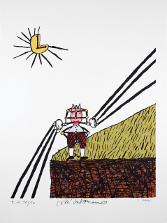 Šalamoun Jiří – Prasátko v postroji, autorský tisk, barevná litografie, 1989