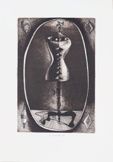 Istler Josef – Krejčovská panna, lept a akvatinta s barevným podtiskem, 1951