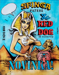Saudek Kája – SFINGA FILTERS & RED DOG, raritní reklama na cigarety, původní serigrafie tištěná na plech, 90. léta