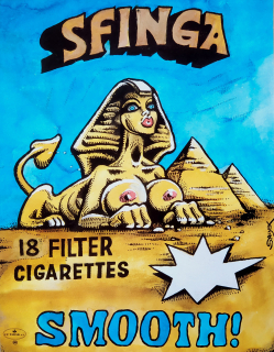 Saudek Kája – SFINGA Smooth, raritní reklama na cigarety, původní serigrafie tištěná na plech, 90. léta