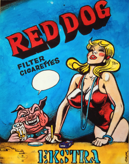 Saudek Kája – RED DOG, raritní reklama na cigarety, původní serigrafie tištěná na plech, 90. léta