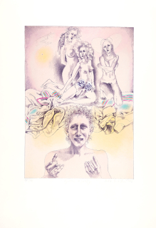 Oriešková Petra – Apollón a múzy, kolorovaná litografie s barevným podtiskem, 1993