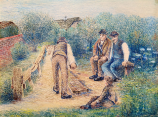 Bělohoubek Adolf – Kuželkáři, barevná perokresba, ca 1930