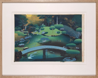 Bakufu Ohno – Zahrady chrámu Shore–in na podzim, ručně kolorovaný barevný dřevoryt, 1950