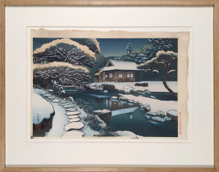Bakufu Ohno – Kjótská zahrada Katsura v zimě, ručně kolorovaný barevný dřevoryt, 1950