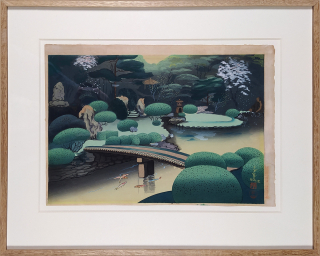Bakufu Ohno – Zahrada Kurodani v Kjótu, ručně kolorovaný barevný dřevoryt, 1950