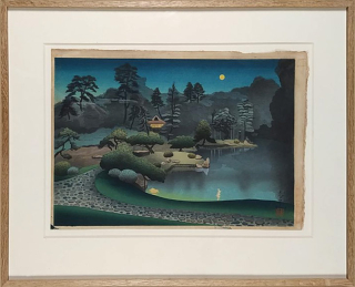 Bakufu Ohno – Čajovna v měsíčním světle, ručně kolorovaný barevný dřevoryt, 1950