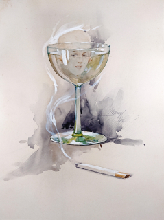 Neurčený autor – Absinth, malba akvarelem a kvašem, 1914