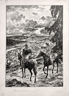 Wowk Jiří – Od carského orla k rudému praporu, knižní ilustrace, str. 66, kresba tuší, 1930
