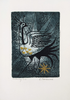 Tomanová Emilie – Rajský pták, původní lept, autorský tisk, 1965
