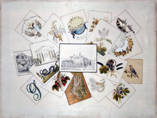 Praha – Quodlibet, výšivka na hedvábí, ca 1830