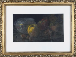 Kaucký Jiří – Kuchyňské zátiší, malba suchým pastelem na sametu, ca 1910