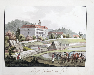 Oselce zámek – Fr. K. Wolf, A. Pucherna, staře kolorovaný původní lept, 1801–1807