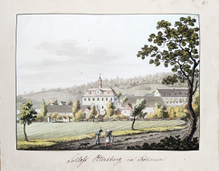 Vlkava (okres Mladá Boleslav) – Fr. K. Wolf, A. Pucherna, staře kolorovaný původní lept, 1807