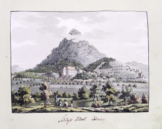 Milešov zámek (České středohoří) – Fr. K. Wolf, A. Pucherna, staře kolorovaný původní lept, 1807