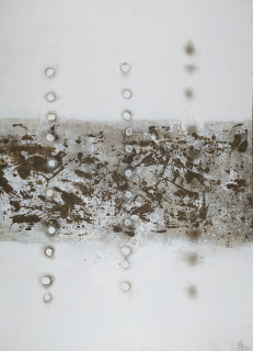 Husák Milivoj – Světelná stigmata III, malba, papír, akryl, popel, 2022