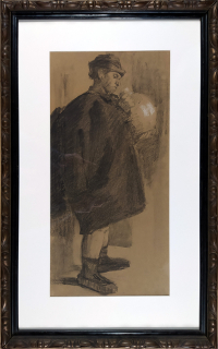 Studie muže se džbánem – neurčený autor, kresba tužkou, secesní rám, ca 1900