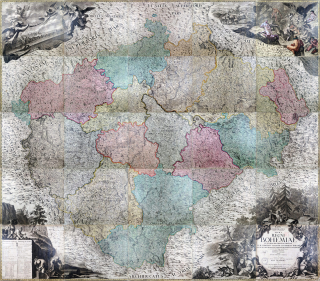 Müllerova střední mapa Čech – Johann Christoph Müller, 25 sekcí v deskách, mědiryt, 1722